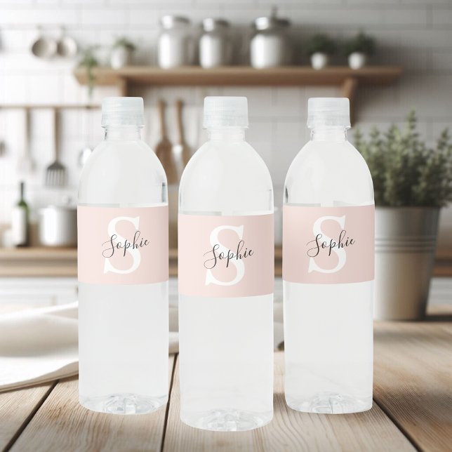 Modern Personlig Namn Monogram Pastel Rosa Vattenflaskor Etikett (Skapare uppladdad)