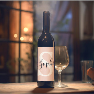 Modern Personlig Namn Monogram Pastel Rosa Vinflaska Etikett
