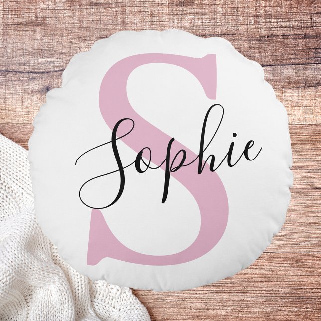 Modern Personlig Namn Monogram Rosa Rund Kudde (Skapare uppladdad)