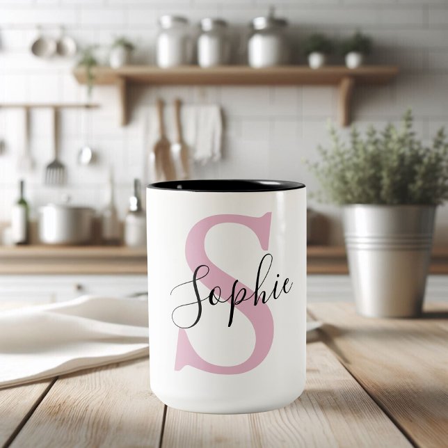 Modern Personlig Namn Monogram Rosa Två-Tonad Mugg (Skapare uppladdad)