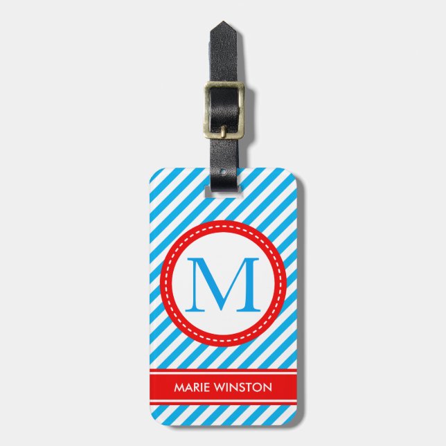 Modern personlig namn monogram strimlad rosa bagagebricka (Vertikal Framsida)