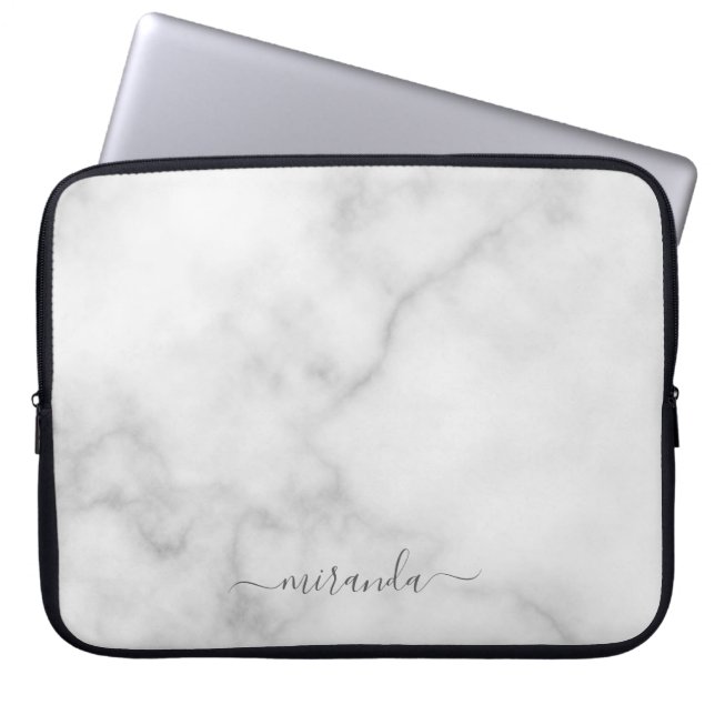 Modern Personlig Namn White Marble Laptop Fodral (Framsidan)