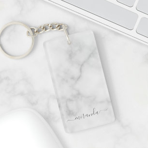 Modern Personlig Namn White Marble Nyckelring