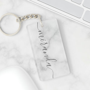 Modern Personlig Namn White Marble Nyckelring