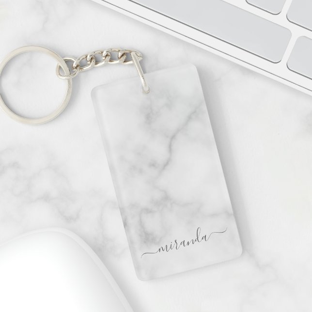 Modern Personlig Namn White Marble Nyckelring (Skapare uppladdad)