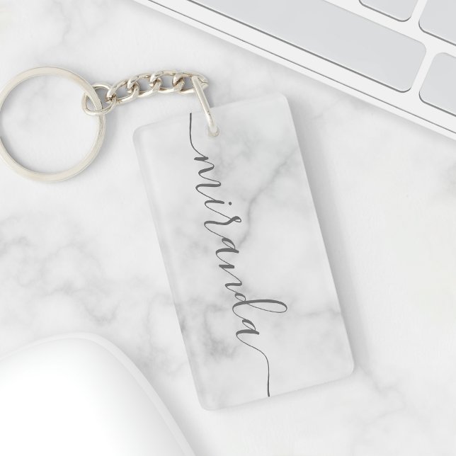 Modern Personlig Namn White Marble Nyckelring (Skapare uppladdad)