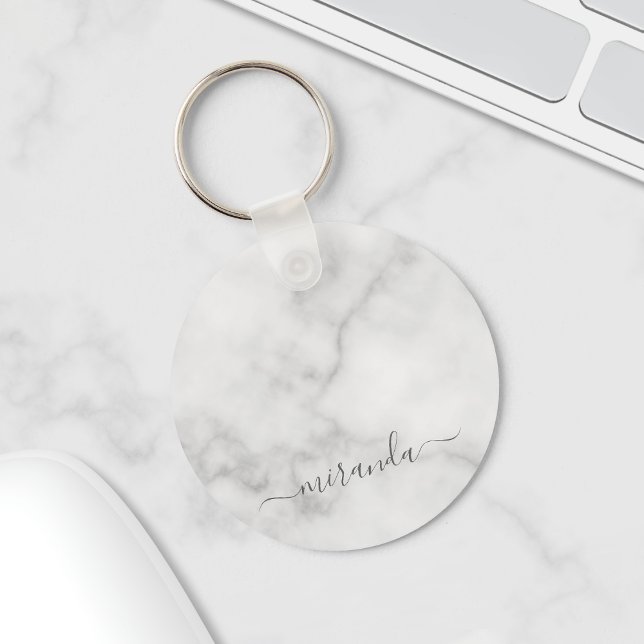 Modern Personlig Namn White Marble Nyckelring (Skapare uppladdad)