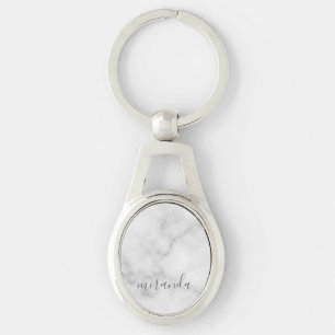 Modern Personlig Namn White Marble Ovalt Silverfärgad Nyckelring