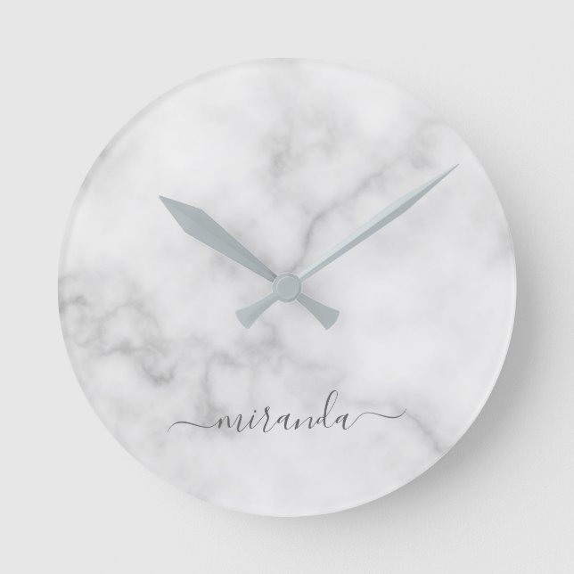 Modern Personlig Namn White Marble Rund Klocka (Framsida)
