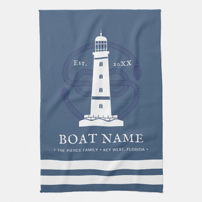 Modern Personlig Nautical fyr Boat Namn Kökshandduk (Vertikal)