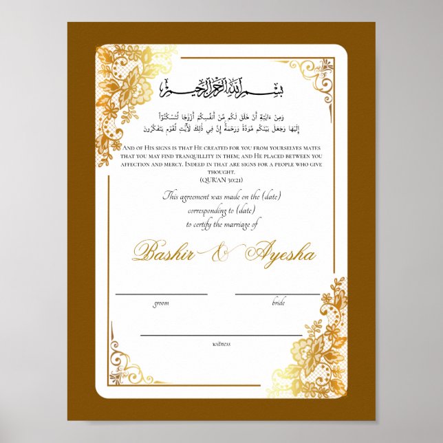 Modern Personlig Nikkah Giftermål certifikat Poster (Framsidan)