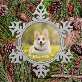 Modern Personlig Pet-Hund-foto med enkel Snyggt Snöflinga Pewter Julgransprydnad