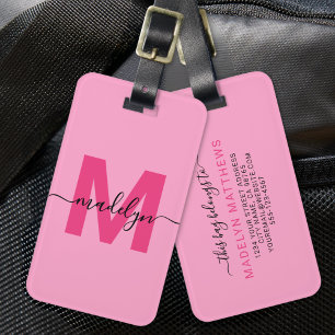Modern Personlig Rosa Monogram Namn Bagagebricka
