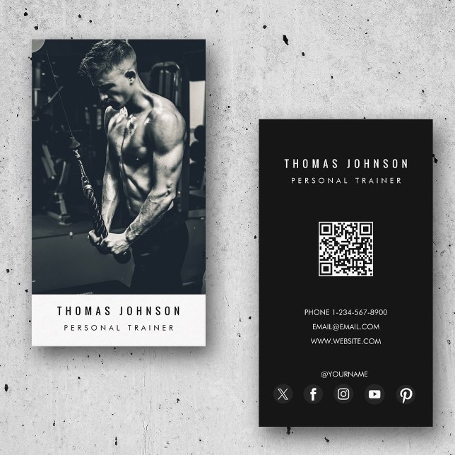 Modern personlig träningslandfoto QR-kod Visitkort (Modern Personal Trainer Fitness Photo QR Code Business Card)