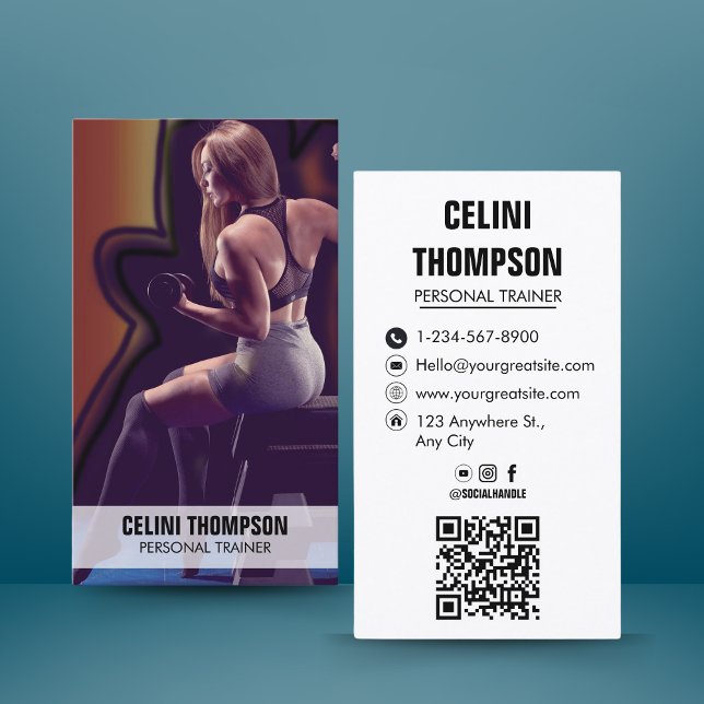 Modern personlig träningslandfoto QR-kod Visitkort (Modern Personal Trainer Fitness Photo QR Code Business Card)
