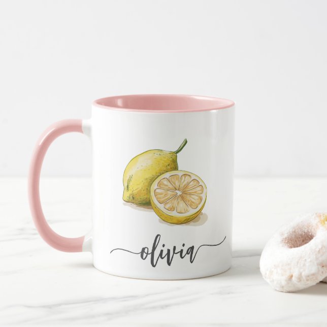Modern Personlig Watercolor Gult Lemon Rosa Mugg (Med munk)