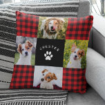 Modern Pet Photo Collage Red Buffalo Play Quilt Kudde<br><div class="desc">Modern rött buffel pläderar för fotosamlingskuddar med plats för 4 foton och ditt husdjurs namn och tassutskrift omgiven av ett mönster-rutnät för roligt.</div>