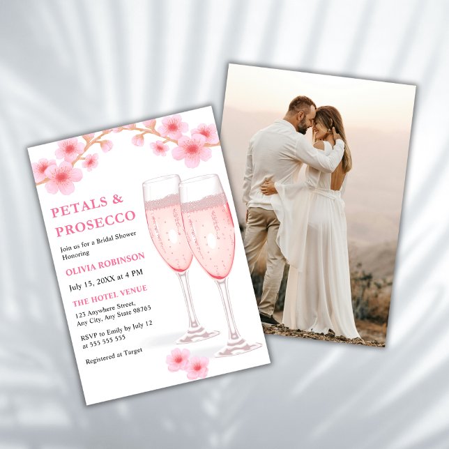 Modern Petals & Prosecco Rosa Photo Möhippa Inbjudningar (Modern Elegant Petals and Prosecco Pink Watercolor Floral Photo Bridal Shower Invitation )