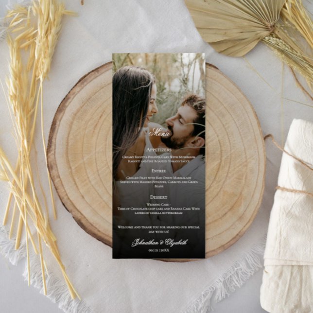 Modern Photo and Black Overlay Bröllop Meny (Modern Photo and Black Overlay Wedding Menu)