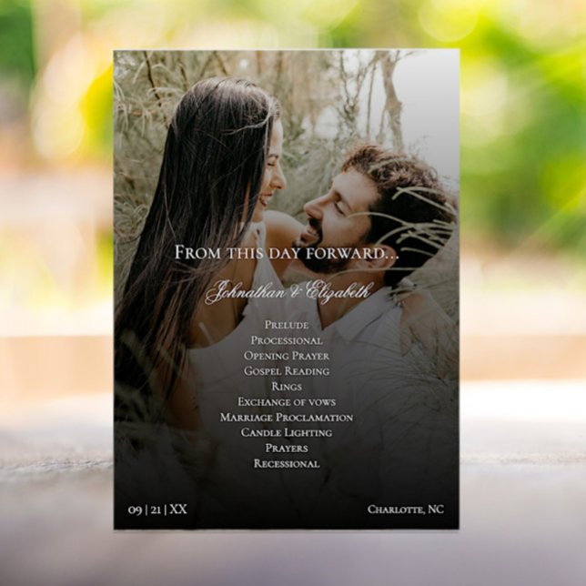 Modern Photo and Black Overlay Bröllop Program (Modern Photo and Black Overlay Wedding Program)