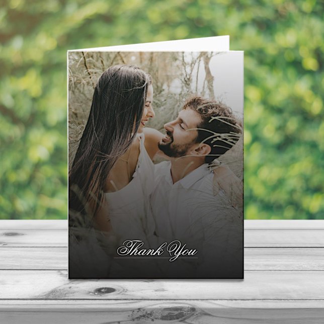 Modern Photo and Black Overlay Bröllop Tack Kort (Modern Photo and Black Overlay Wedding Thank You Card)