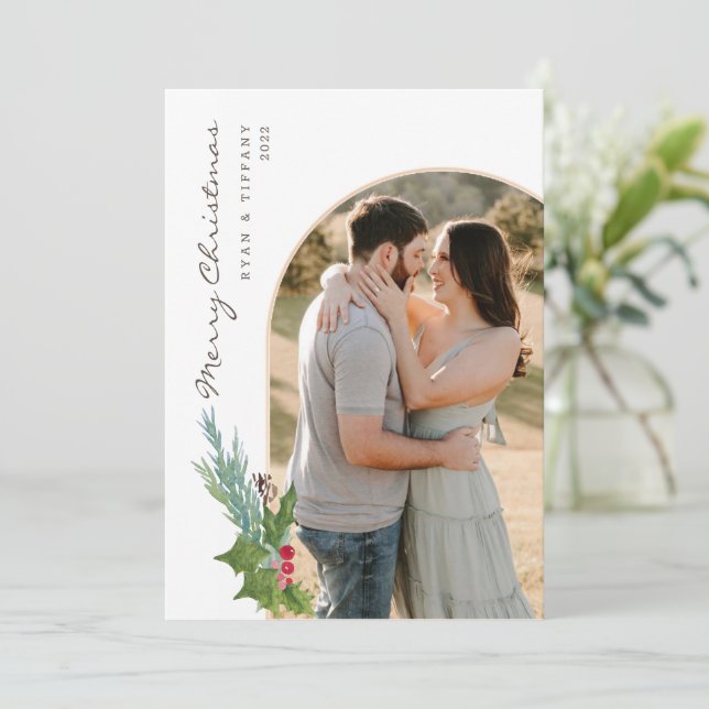 Modern Photo Arch-julkort med Holly Inbjudningar (Stående Fram)