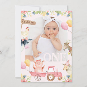 Modern Photo Arch Rosa Tractor Farm 1:a födelsedag Inbjudningar