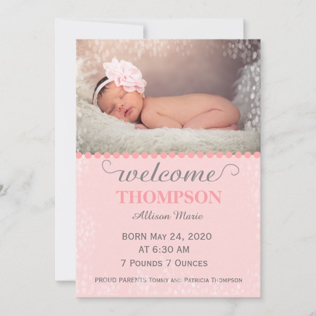 Modern Photo Baby annoncement Card (flicka) Meddelande (Framsida)
