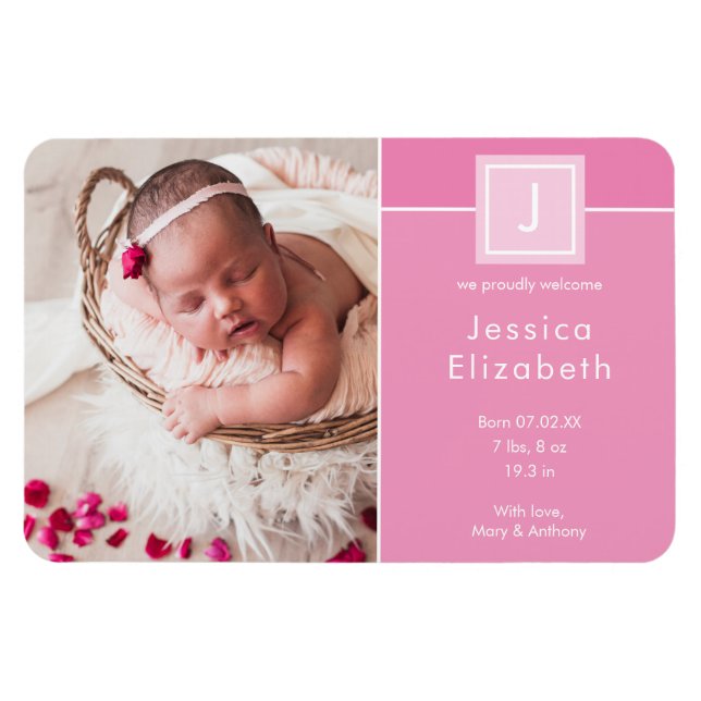 Modern Photo Baby Monogram Girl Birth Magnet (Horisontell)
