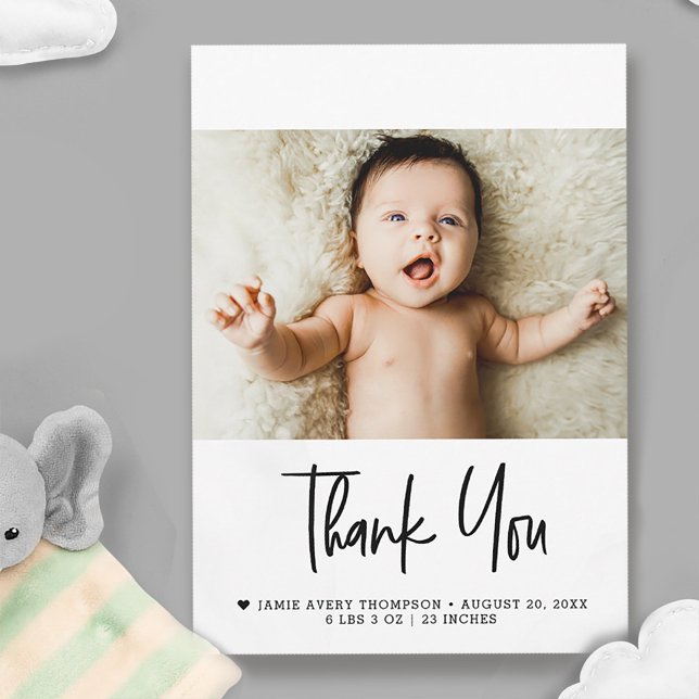 Modern Photo Baby with Newborn Birth stats Message Tack Kort (Simple, modern minimalist handlettering baby photo thank you shower card with birth stats.)