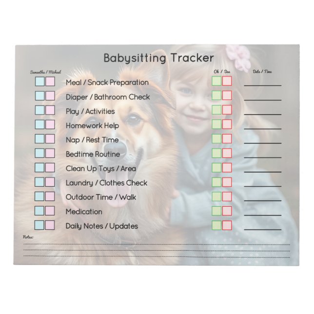 Modern Photo Babysitting Tracker Task Planner Anteckningsblock (Framsida)