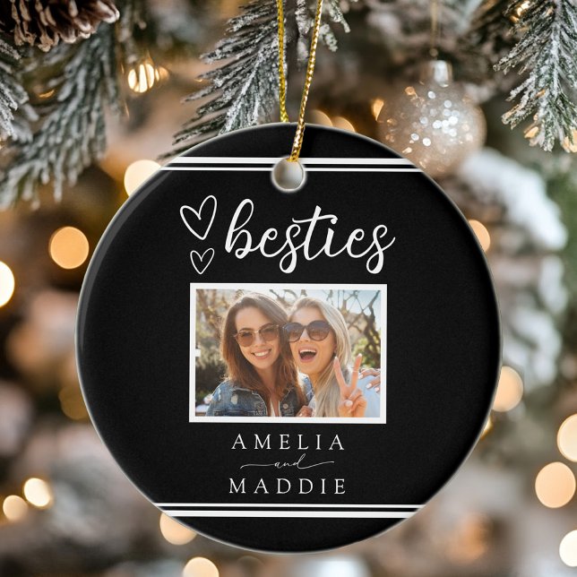 Modern Photo Besties Hearts Black and White  Julgransprydnad Keramik (Modern Photo Besties Hearts Black and White Ceramic Ornament)