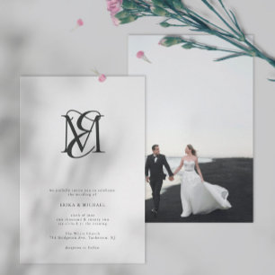 Modern Photo Black and White Monogram Bröllop Inbjudningar