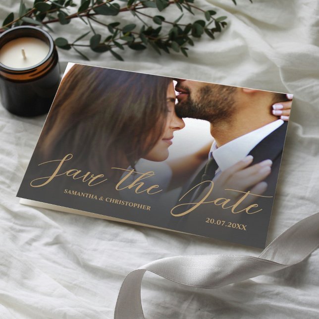 Modern Photo Black & Guld Spara datum Bröllop Vykort (Skapare uppladdad)