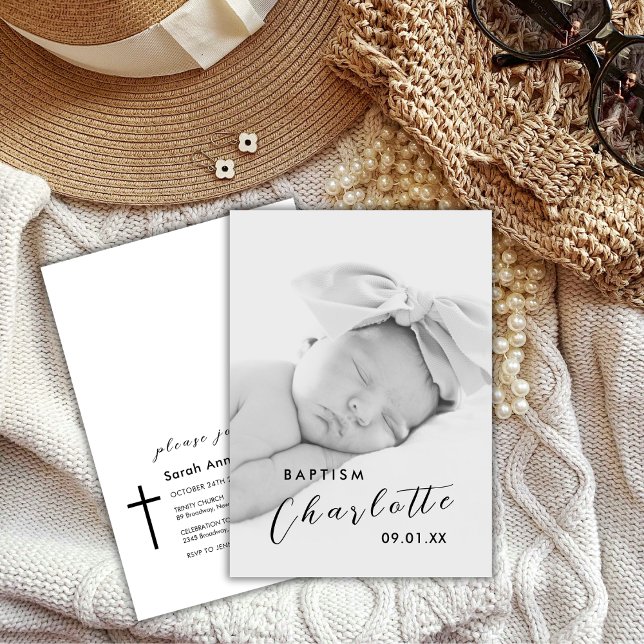 Modern Photo Black Kor Baptism Inbjudningar (Modern Script Photo Black Cross Baptism Invitation)