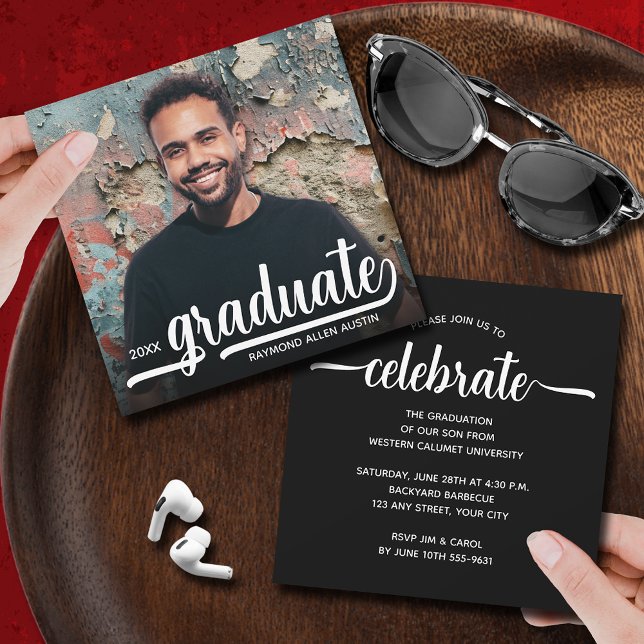 Modern Photo Black Studenten Inbjudningar (Modern photo black square graduation party invitations 5.25" x 5.25")