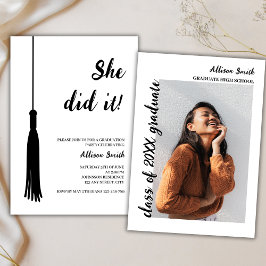Modern Photo Black & White Grad Tassel Studenten Inbjudningar