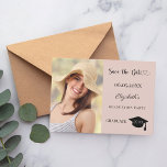 Modern photo blush pink neutral Graduation Party Spara Datumet<br><div class="desc">A photo Save the date card for a graduation. On front: Add your own vertical size photo of the graduate. A trendy blush pink neutral colored background, black text. Templates for a name and date. The name and the text: Save the Date are written with a modern hand lettered style...</div>