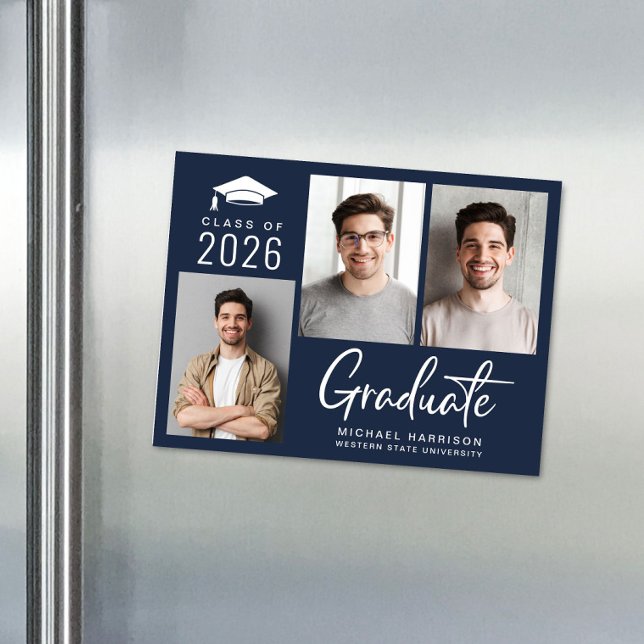 Modern Photo Bold Script Blue Studenten Magnetisk Inbjudningskort (Modern Photo Bold Script Blue Graduation Magnetic Announcement)