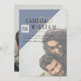 Modern PHOTO-bröllopsinbjudan QR CODE-OSA Blue Inbjudningar