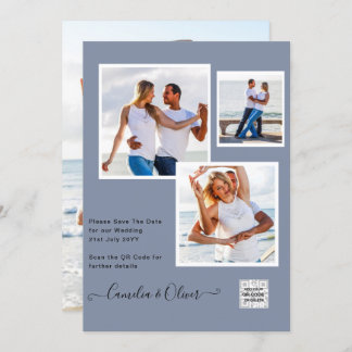 Modern PHOTO-bröllopsinbjudan QR CODE-OSA Blue Inbjudningar
