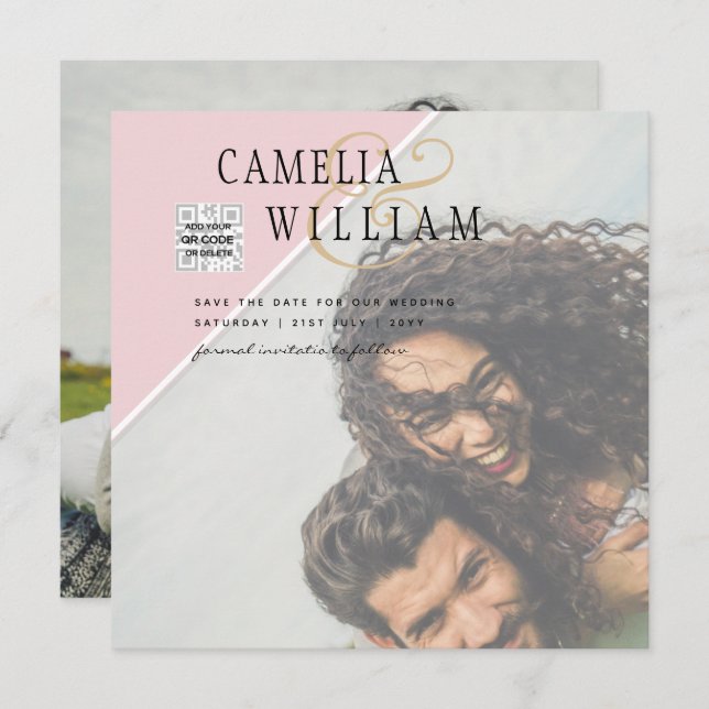 Modern PHOTO-bröllopsinbjudan QR CODE-OSA BlushPIN (Fram/baksida)