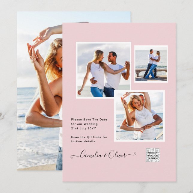 Modern PHOTO-bröllopsinbjudan QR CODE-OSA BlushPIN Inbjudningar (Fram/baksida)