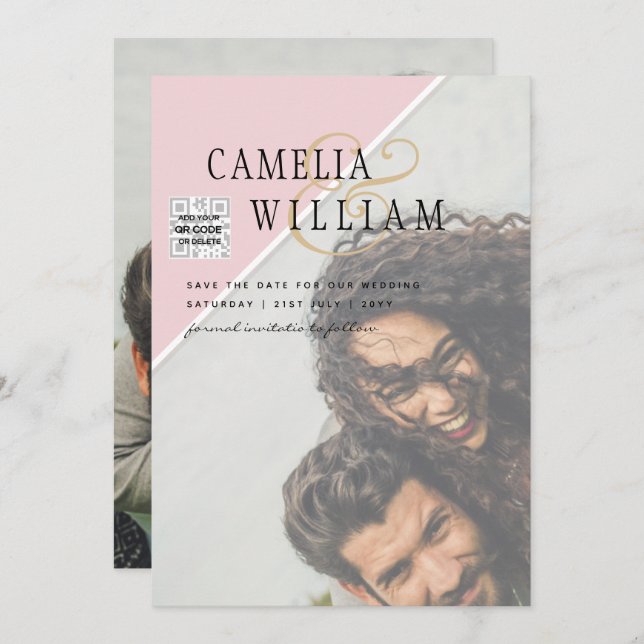 Modern PHOTO-bröllopsinbjudan QR CODE-OSA BlushPIN Inbjudningar (Fram/baksida)