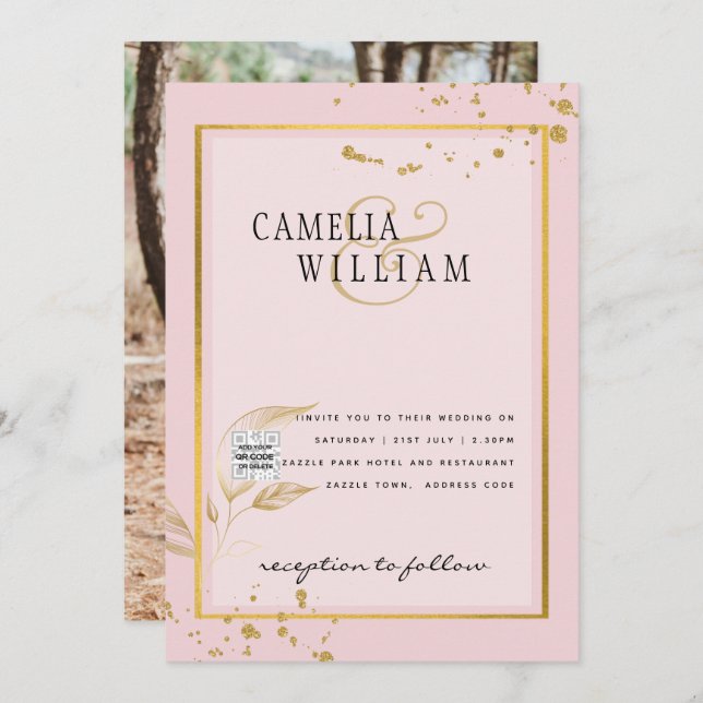 Modern PHOTO-bröllopsinbjudan QR CODE-OSA BlushPIN Inbjudningar (Fram/baksida)