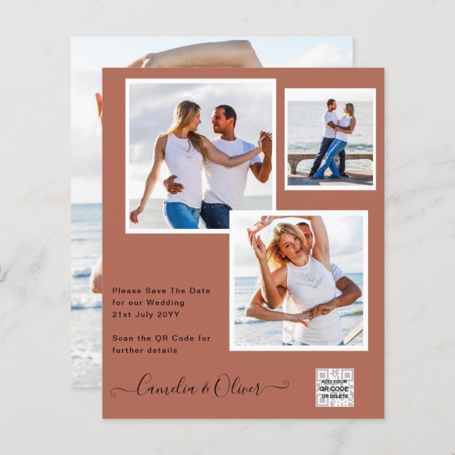 Modern PHOTO-bröllopsinbjudan QR CODE OSA Cinnamon (Fram/baksida)