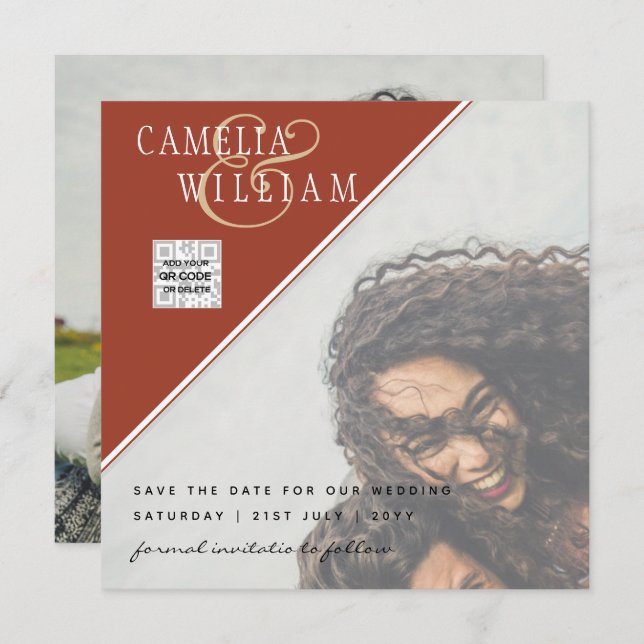 Modern PHOTO-bröllopsinbjudan QR CODE OSA Cinnamon (Fram/baksida)