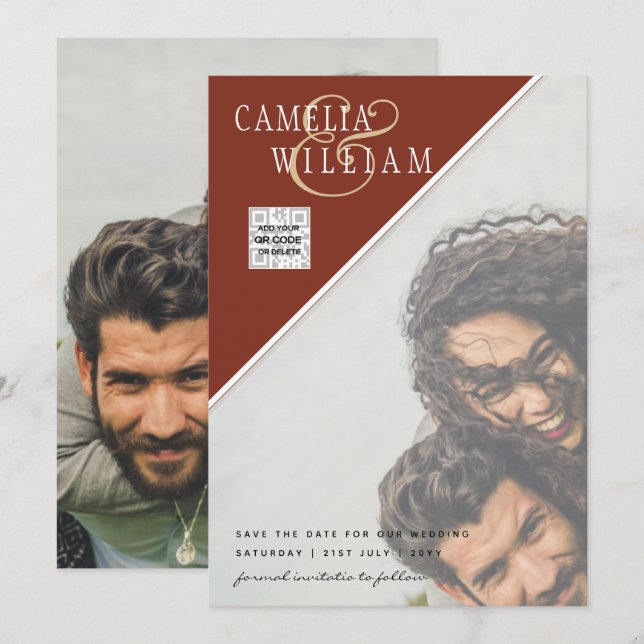 Modern PHOTO-bröllopsinbjudan QR CODE OSA Cinnamon Inbjudningar (Fram/baksida)