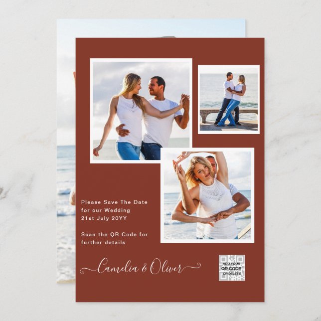 Modern PHOTO-bröllopsinbjudan QR CODE OSA Cinnamon Inbjudningar (Fram/baksida)