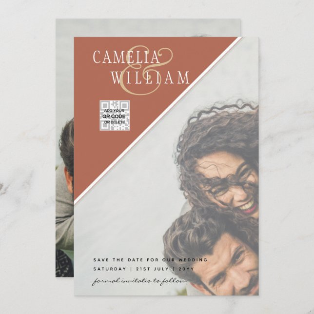 Modern PHOTO-bröllopsinbjudan QR CODE OSA Cinnamon Inbjudningar (Fram/baksida)